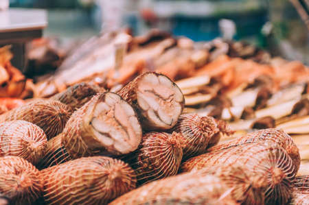 Set of fresh meatloaf on a shop windowの写真素材