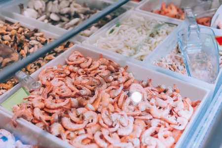 Shrimp in the fridge at the supermarketの写真素材