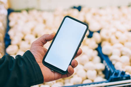 Mock-up technology. The guy holds a smartphone in his hands on the background of showcases in a supermarketの写真素材