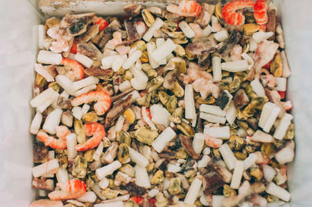 Seafood in the fridge of the supermarketの写真素材