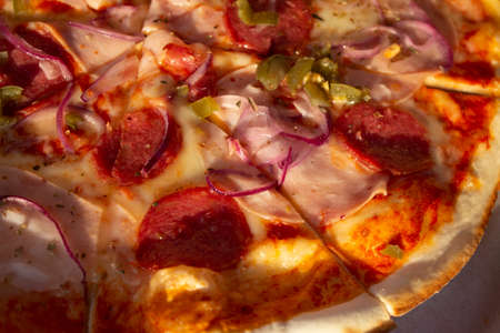 Pizza in a box close up. Fast food in the fresh airの写真素材
