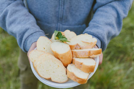 Picnic in nature. The guy holds a plate of bread in his handsの写真素材