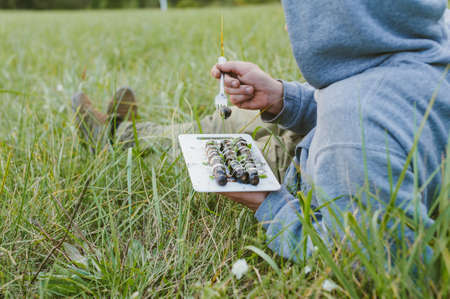 Picnic in nature. The guy is holding a tray with grilled sausagesの写真素材