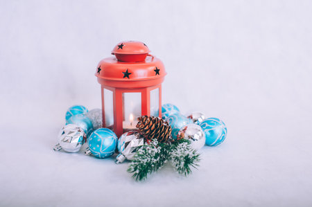 Festive composition for new year and christmas. Christmas tree with decoration on a wooden tableの写真素材