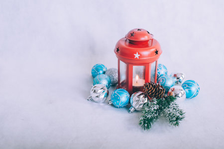Festive composition for new year and christmas. Christmas tree with decoration on a wooden tableの写真素材
