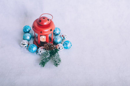 Festive composition for new year and christmas. Christmas tree with decoration on a wooden tableの写真素材