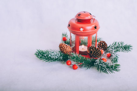 Festive composition for new year and christmas. Christmas tree with decoration on a wooden tableの写真素材
