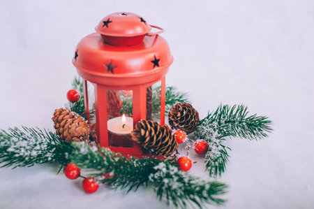 Festive composition for new year and christmas. Christmas tree with decoration on a wooden tableの写真素材