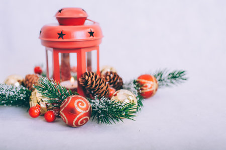 Festive composition for new year and christmas. Christmas tree with decoration on a wooden tableの写真素材
