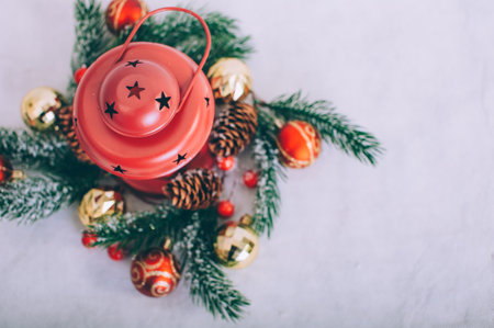 Festive composition for new year and christmas. Christmas tree with decoration on a wooden tableの写真素材