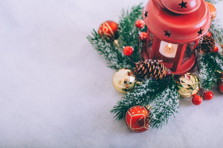 Festive composition for new year and christmas. Christmas tree with decoration on a wooden tableの写真素材