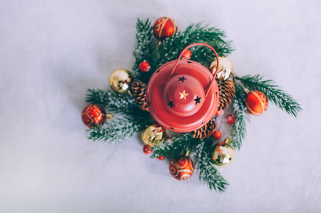 Festive composition for new year and christmas. Christmas tree with decoration on a wooden tableの写真素材