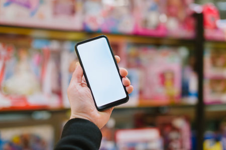 Mock-up technology. The guy holds a smartphone in his hands on the background supermarketの写真素材