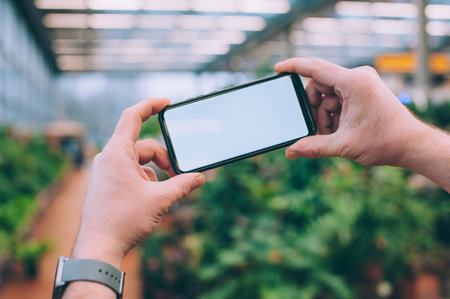 Mock-up technology. The guy holds a smartphone in his hands on the background flowersの写真素材