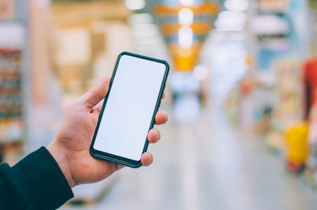 Mock-up technology. The guy holds a smartphone in his hands on the background supermarketの写真素材