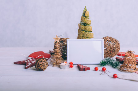 Mockup frame on the background of the Christmas compositionの写真素材