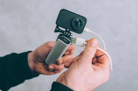 A man is charging an action camera with a portable chargerの写真素材
