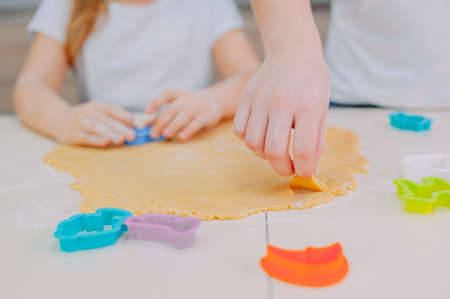 Two sisters bloggers are preparing cookies in the kitchenの写真素材