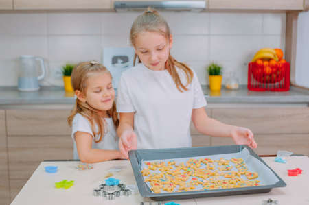 Two sisters are making homemade cookies in the kitchenの写真素材