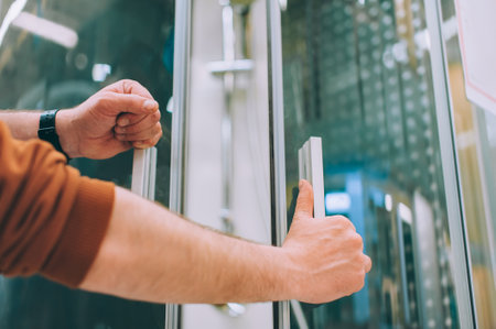 A man in a hardware store chooses a shower cabin for his homeの写真素材