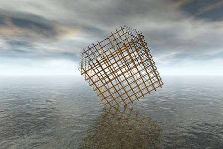 cube cage obliquely stands in water abstract landscapeの写真素材