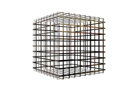 abstract figure cube grey metal cage texture white background 3d renderedの写真素材