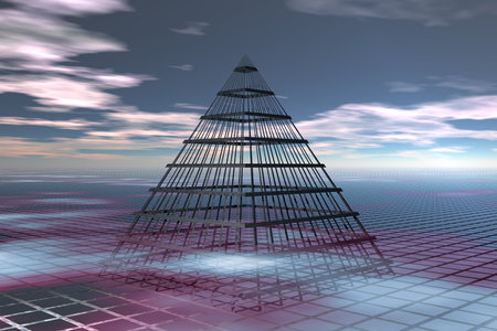 surreal landscape pyramid cage geometric ground 3d renderingの写真素材