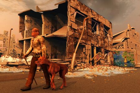 scene of the person and dogs after apocalypseの写真素材