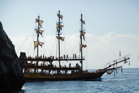 Pirate ship with tourists on the sea