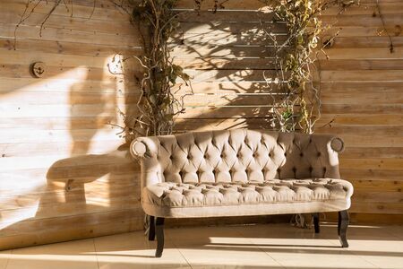 Photo zone in the studio. Wooden background.の写真素材