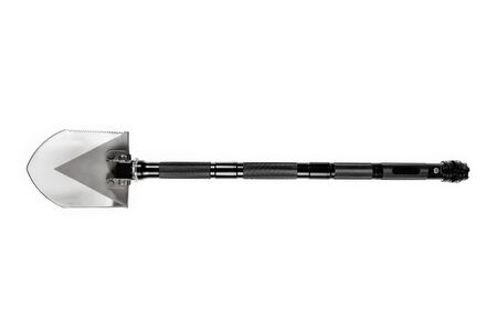 Metal shovel with saw and flashlight on a white background. Isolated.の写真素材