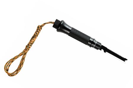 Multifunctional knife with a saw and bottle opener. Object is isolated on white background.の写真素材