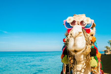 A cheerful camel's face with glasses and a hat on the background of the blue sea. close-up. Backdrop with a copy space. Concept of travel and tourism.の写真素材