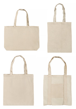 Different types of beige carrying bags. Mockups are isolated on a white background.の写真素材