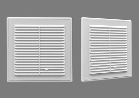 White ventilation grate on a gray background. Square shape, plastic material.の写真素材