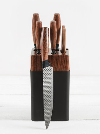 Set of kitchen knives on a stand. White background.