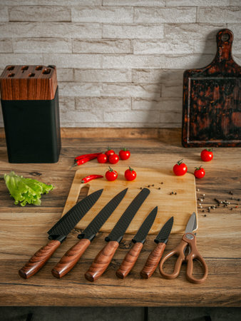 Beautiful set of knives on the background of the kitchen.の写真素材
