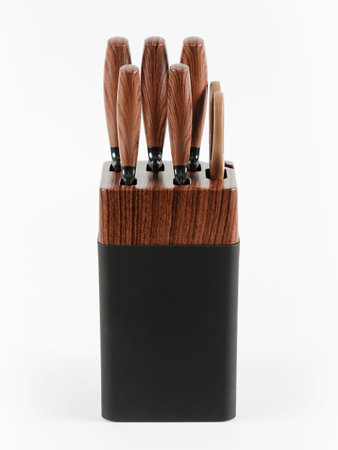 Set of kitchen knives on a stand. White background.