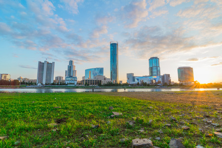 Beautiful colorful cityscape of Yekaterinburg city center at sunsetの写真素材