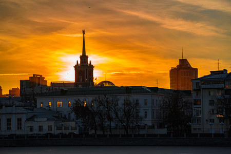 Yekaterinburg city skyline on sunset with orange cloudy skyの写真素材