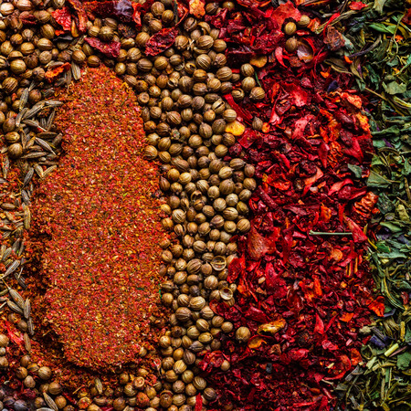 Various colourful spices close up macro backgroundの写真素材