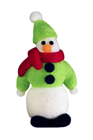 Snowman toy made of wool, isolated on white backgroundの写真素材