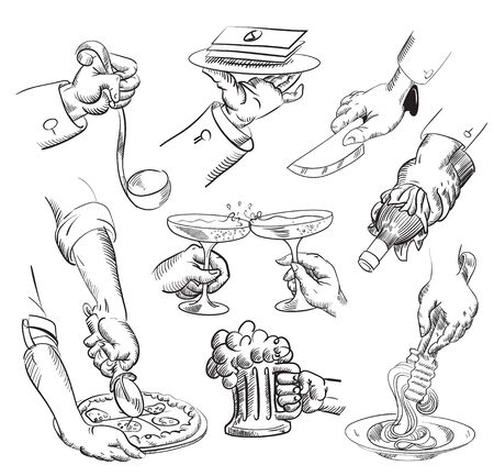 vector illustration sketch drawing cafe icons with hands to keeping  wine, pizza, pasta, beer, champagne, money, knifeのイラスト素材