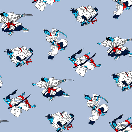vector illustration stylized seamless pattern samurai on blue backgroundのイラスト素材