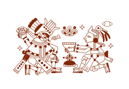 vector illustration sketch drawing aztec cacao bean, leaves, nibs, pattern for chocolate package design on brown color in white backgroundのイラスト素材