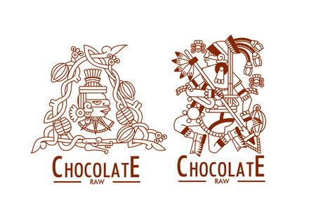 vector illustration sketch drawing aztec cacao bean, leaves, nibs, pattern for chocolate package design on brown color in white backgroundのイラスト素材