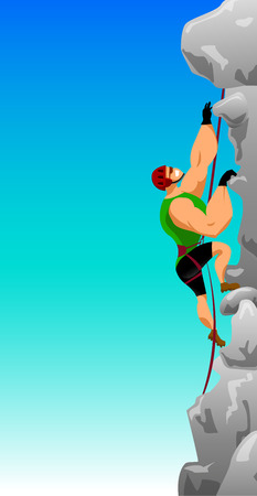 vector illustration climber with climbing equipment on a steep rock cliff against the blue skyのイラスト素材