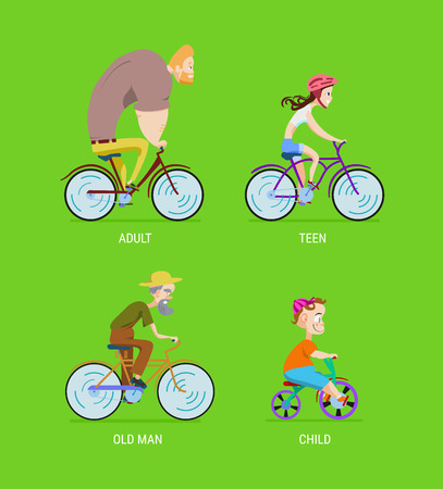vector illustration Bicycle Poster separation by age in cartoon style on a green backgroundのイラスト素材
