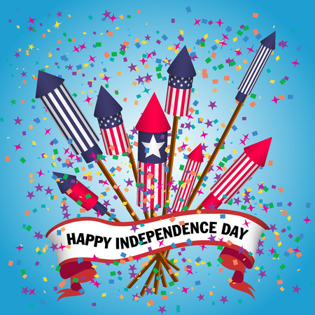 vector illustration poster to American Independence Day with the firework rockets, text in ribbon on blue backgroundのイラスト素材