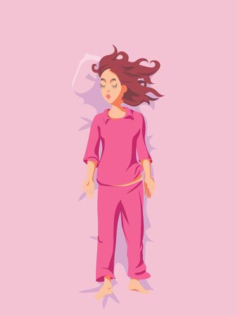vector illustration poster with sleeping brunette girl on pink pyjamasのイラスト素材